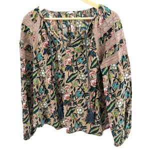Anthropologie Eze Sur Mer Dark Floral Peasant Top Womens Sz M Lace Boho Cottage